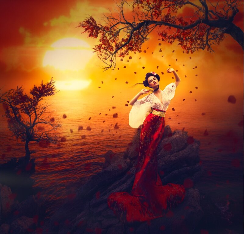 Woman in Red Dress — Dramatic, Sunset, Digital Art, Tree, Sun