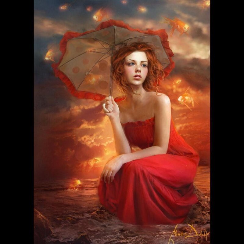 Woman in Red Dress — Dramatic, Sunset, Digital Art, Umbrella
