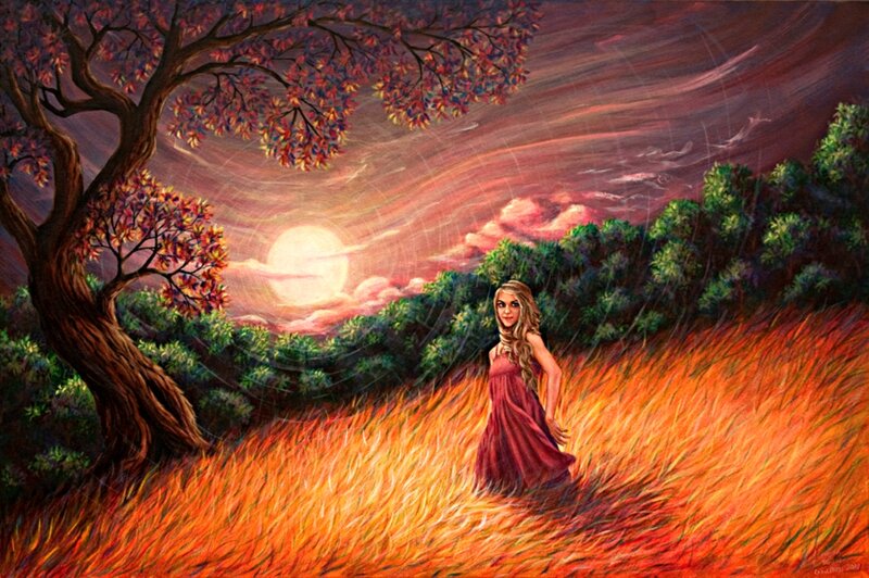 Woman in Red Dress — Dramatic, Sunset, Painting, Tree