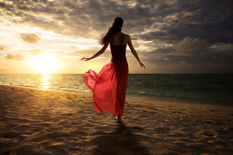 Woman in Red Dress — Dramatic, Sunset, Photograph, Beach, Ocean