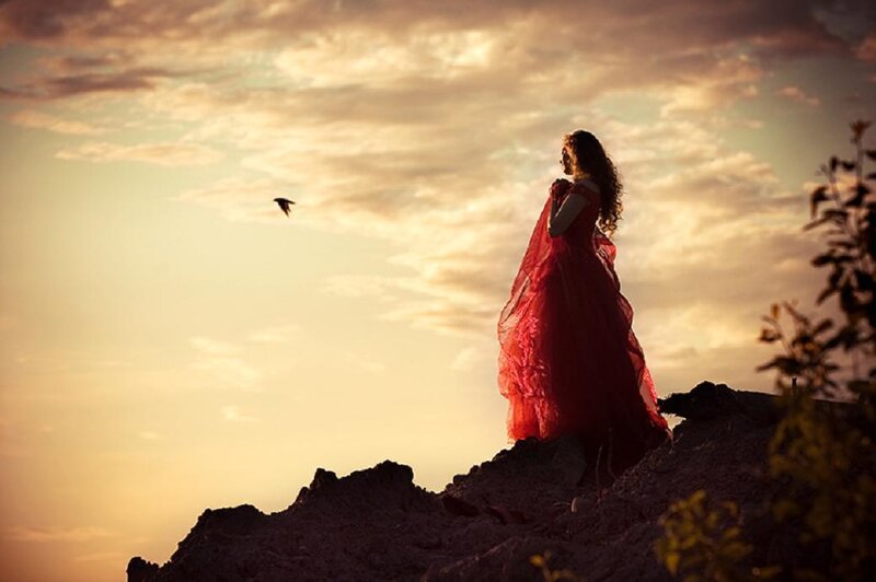 Woman in Red Dress — Dramatic, Sunset, Photograph, Bird, Sky