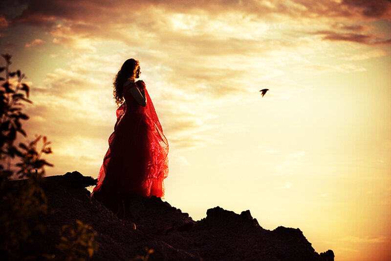 Woman in Red Dress — Dramatic, Sunset, Photograph, Bird