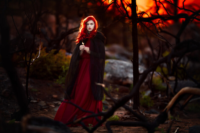 Woman in Red Dress — Dramatic, Sunset, Photograph, Burnt Trees