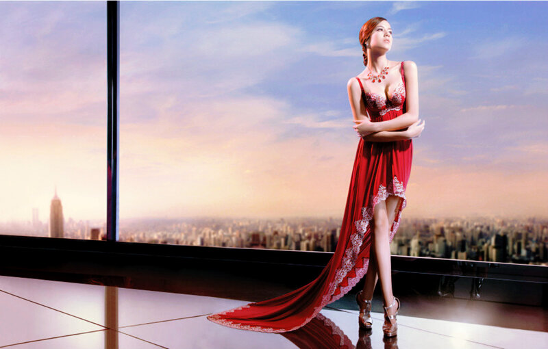 Woman in Red Dress — Dramatic, Sunset, Photograph, City Skyline