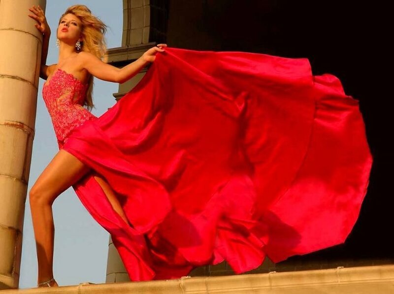 Woman in Red Dress — Dramatic, Sunset, Photograph, Column