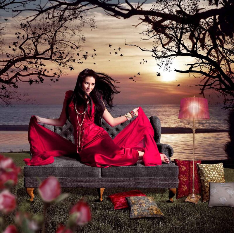 Woman in Red Dress — Dramatic, Sunset, Photograph, Couch, Lamp