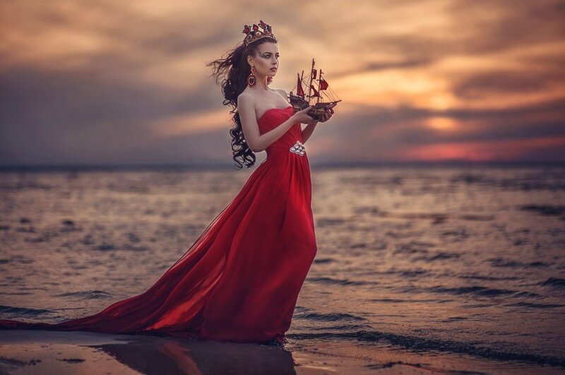 Woman in Red Dress — Dramatic, Sunset, Photograph, Crown