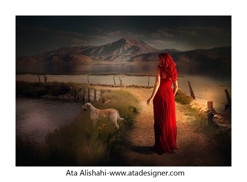 Woman in Red Dress — Dramatic, Sunset, Photograph, Dog
