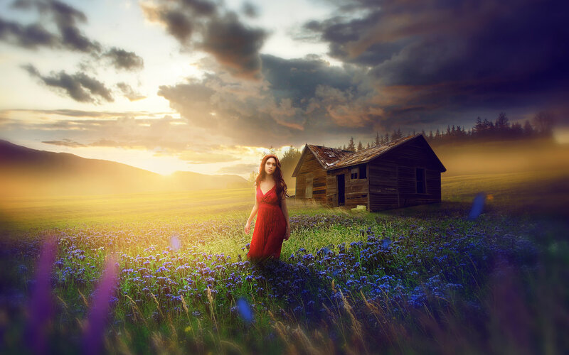 Woman in Red Dress — Dramatic, Sunset, Photograph, Field, Barn