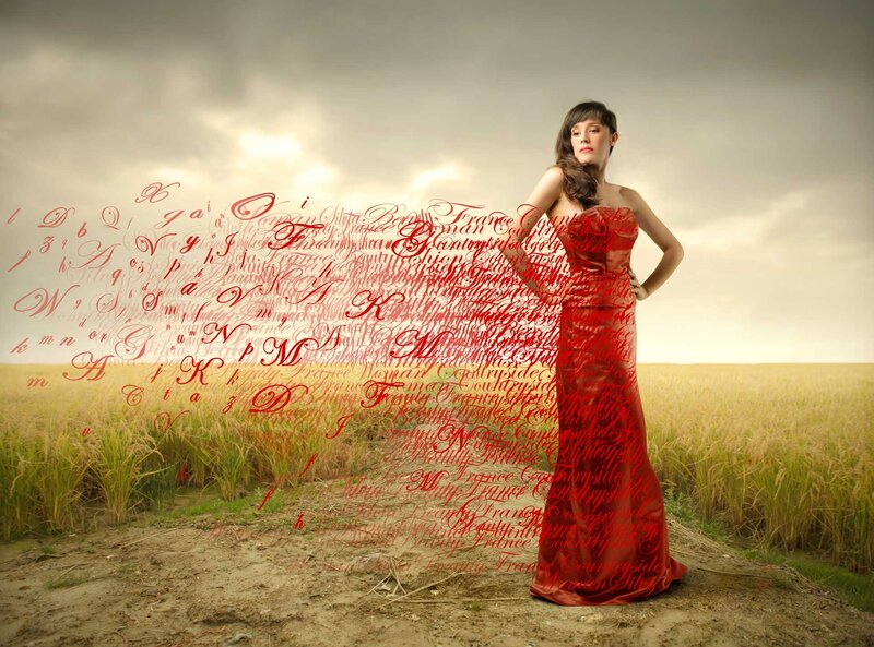 Woman in Red Dress — Dramatic, Sunset, Photograph, Field, Sky, Text