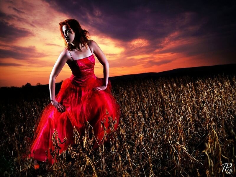 Woman in Red Dress — Dramatic, Sunset, Photograph, Field, Sky