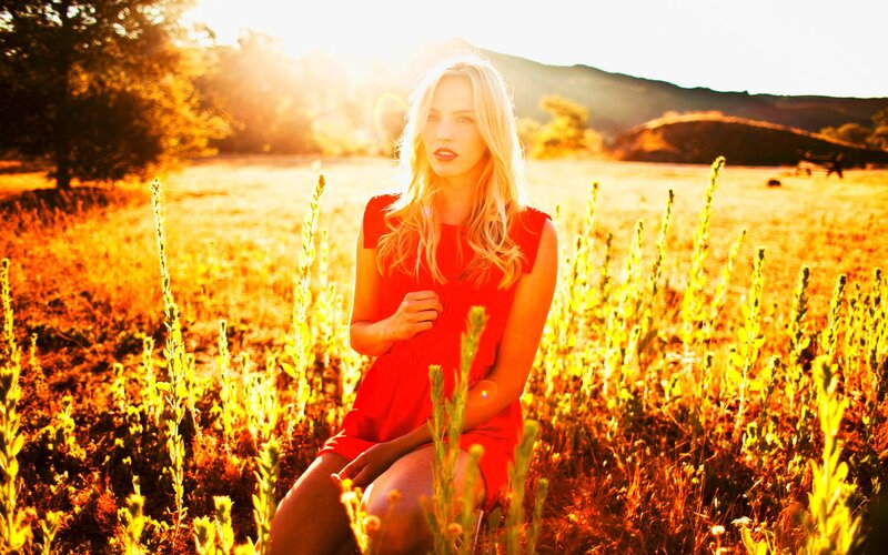 Woman in Red Dress — Dramatic, Sunset, Photograph, Field, Sunlight