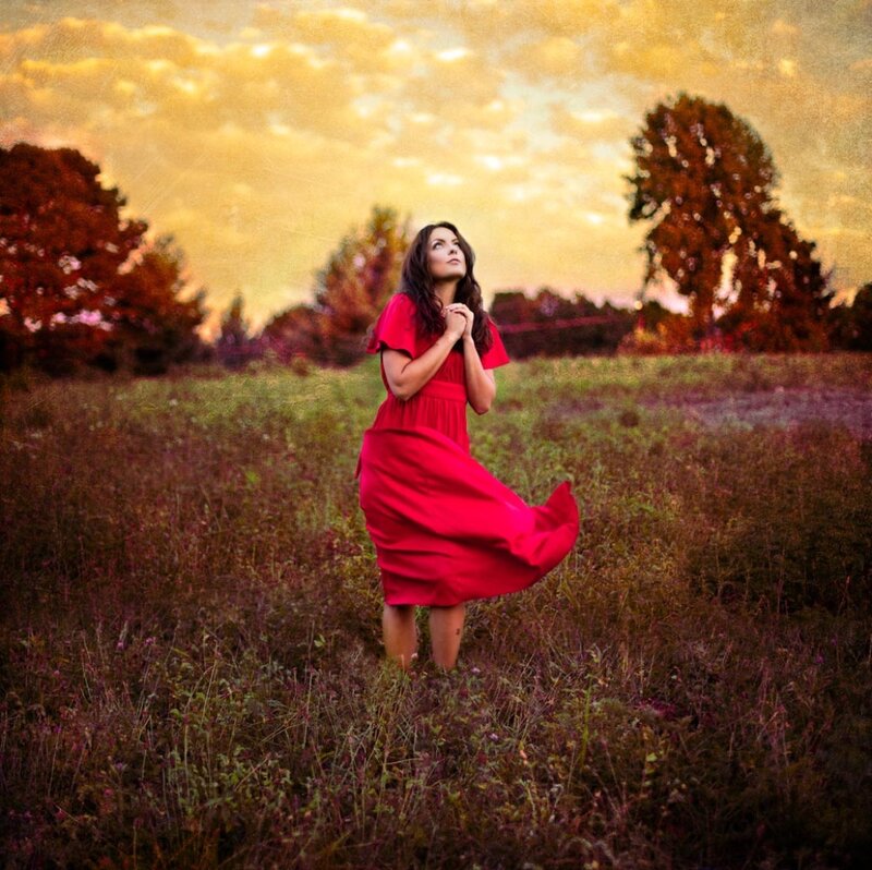 Woman in Red Dress — Dramatic, Sunset, Photograph, Field, Trees