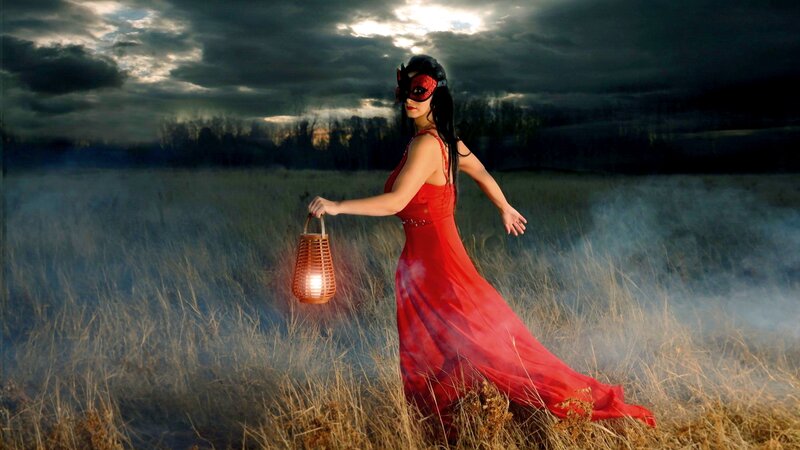 Woman in Red Dress — Dramatic, Sunset, Photograph, Mask