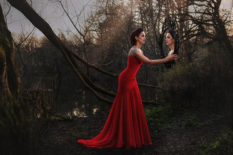 Woman in Red Dress — Dramatic, Sunset, Photograph, Mirror, Forest