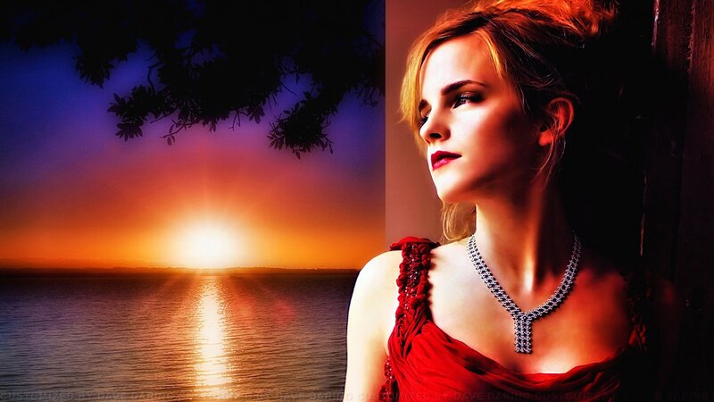 Woman in Red Dress — Dramatic, Sunset, Photograph, Necklace