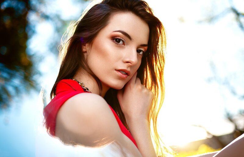 Woman in Red Dress — Dramatic, Sunset, Photograph, Necklace, Trees