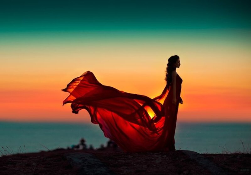 Woman in Red Dress — Dramatic, Sunset, Photograph, Ocean, Sky