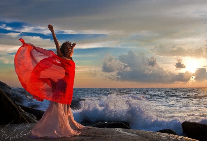Woman in Red Dress — Dramatic, Sunset, Photograph, Ocean