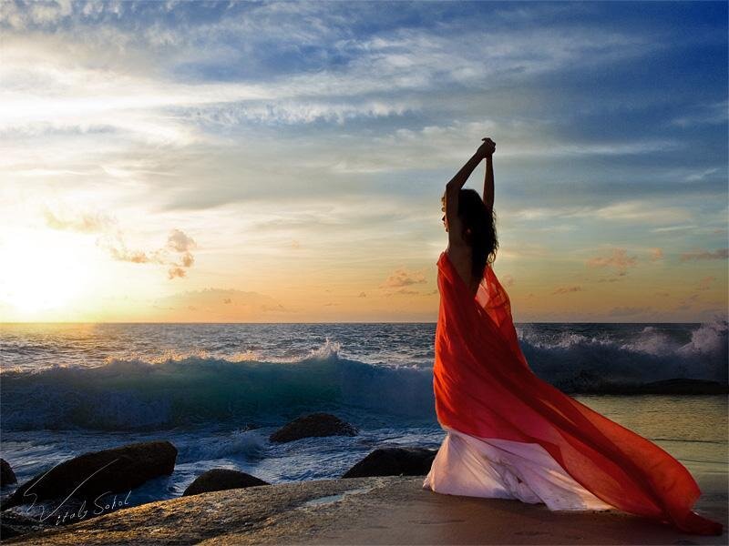 Woman in Red Dress — Dramatic, Sunset, Photograph, Ocean, Waves