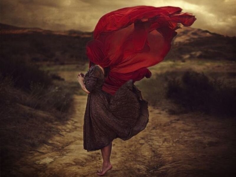 Woman in Red Dress — Dramatic, Sunset, Photograph, Path