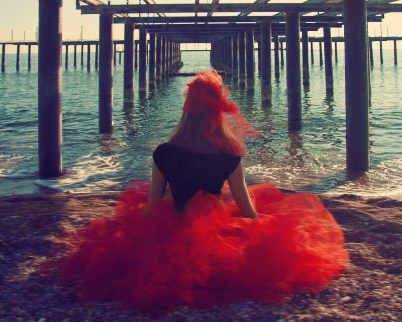 Woman in Red Dress — Dramatic, Sunset, Photograph, Pier