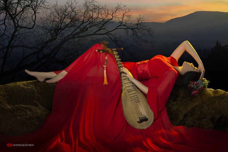 Woman in Red Dress — Dramatic, Sunset, Photograph, Pipa
