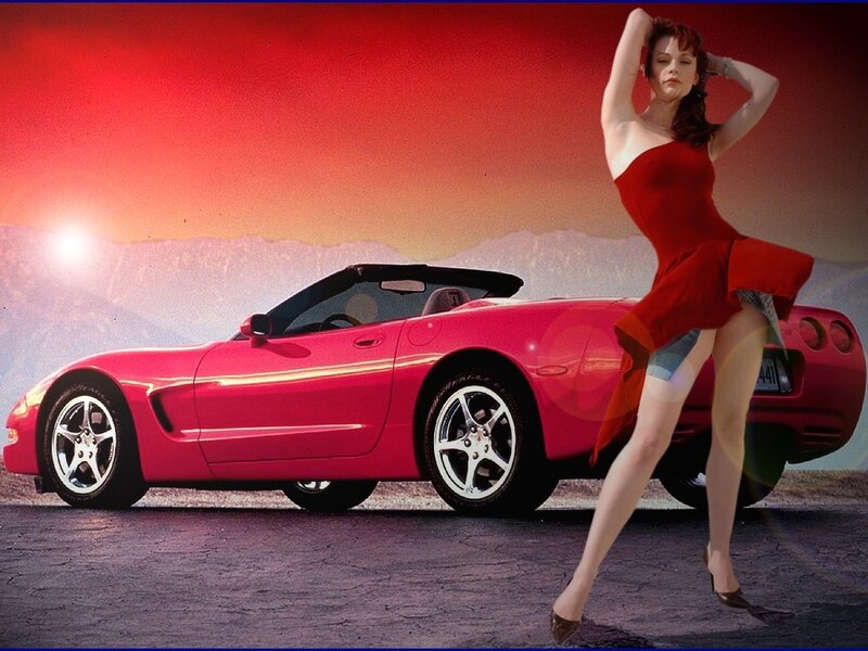 Woman in Red Dress — Dramatic, Sunset, Photograph, Red Car