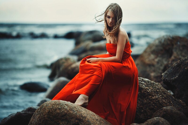 Woman in Red Dress — Dramatic, Sunset, Photograph, Rocks, Ocean