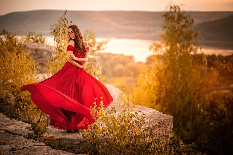 Woman in Red Dress — Dramatic, Sunset, Photograph, Rocks, Trees