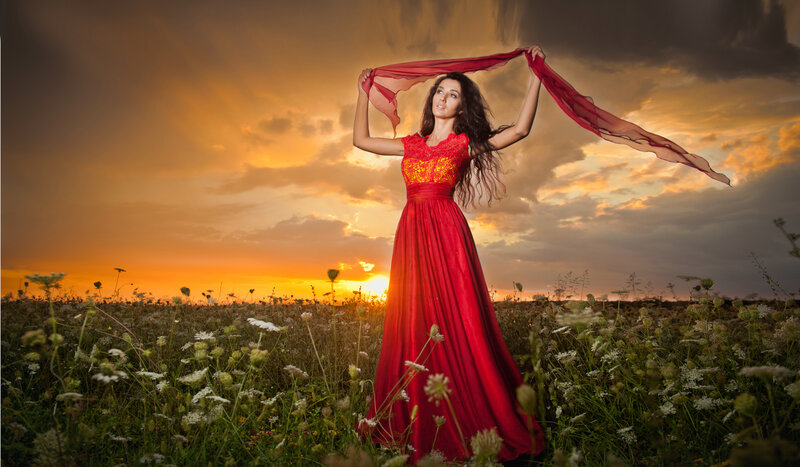 Woman in Red Dress — Dramatic, Sunset, Photograph, Scarf