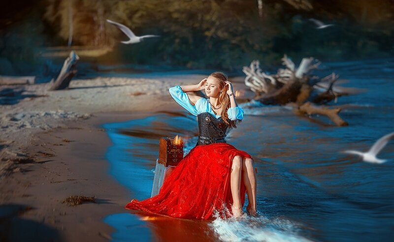 Woman in Red Dress — Dramatic, Sunset, Photograph, Seagulls