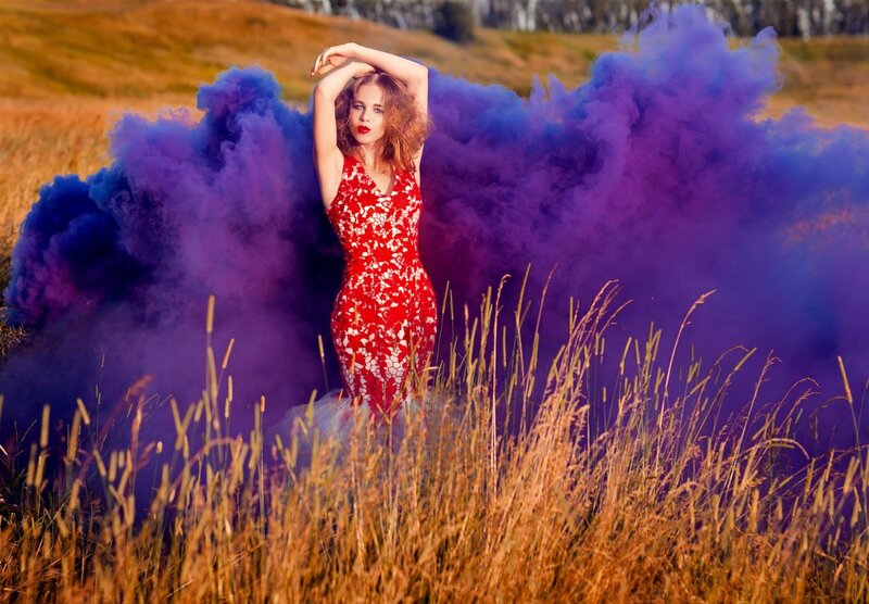 Woman in Red Dress — Dramatic, Sunset, Photograph, Smoke