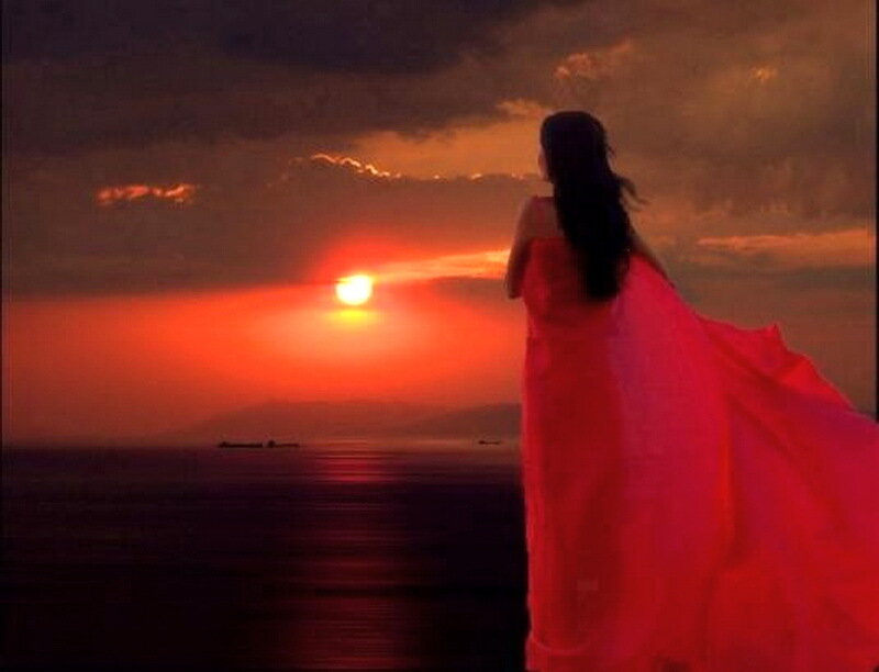 Woman in Red Dress — Dramatic, Sunset, Photograph, Sun