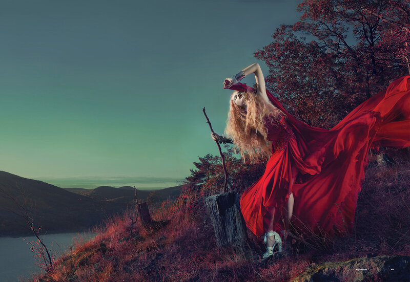 Woman in Red Dress — Dramatic, Sunset, Photograph, Tree