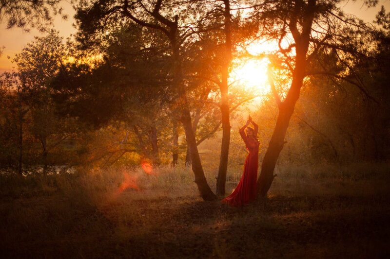 Woman in Red Dress — Dramatic, Sunset, Photograph, Trees, Sunlight