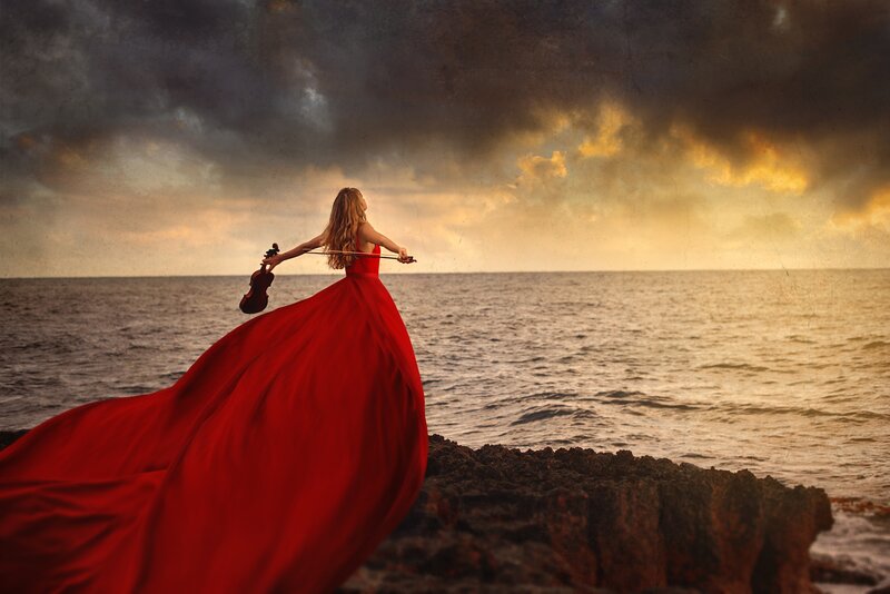 Woman in Red Dress — Dramatic, Sunset, Photograph, Violin