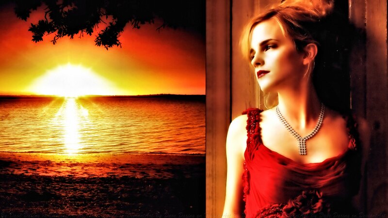 Woman in Red Dress — Dramatic, Sunset, Photograph, Water