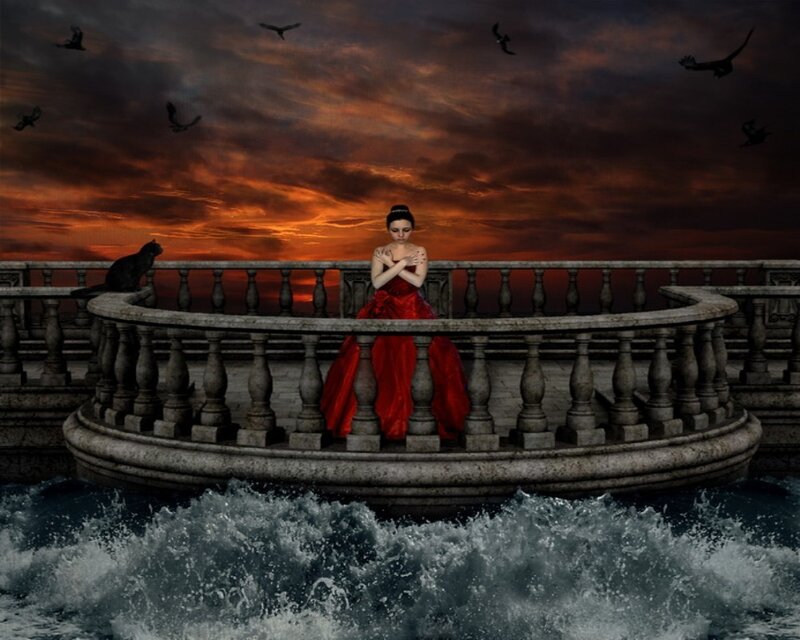 Woman in Red Dress — Dramatic, Sunset