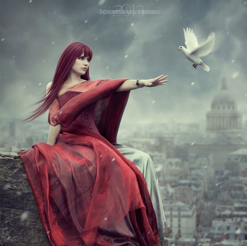 Woman in Red Dress — Dramatic, Winter, Digital Art, Dove