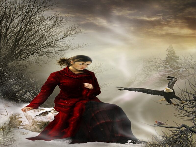 Woman in Red Dress — Dramatic, Winter, Digital Art, Eagle