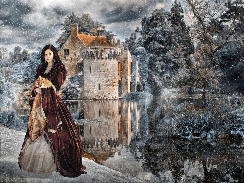 Woman in Red Dress — Dramatic, Winter, Digital Art, Fox