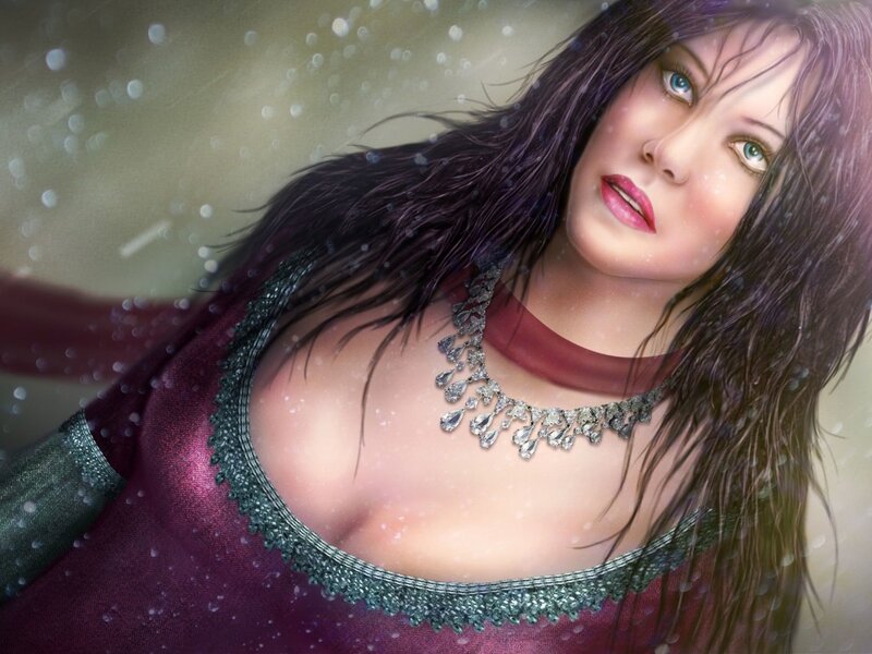 Woman in Red Dress — Dramatic, Winter, Digital Art, Necklace