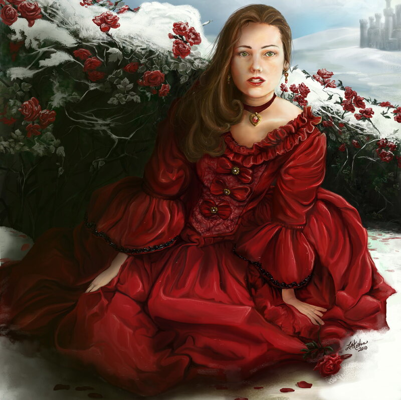 Woman in Red Dress — Dramatic, Winter, Digital Art, Roses