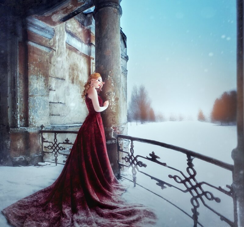 Woman in Red Dress — Dramatic, Winter, Digital Art, Snow, Building