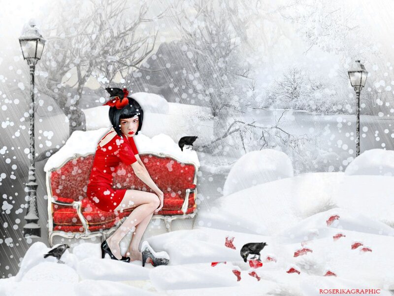 Woman in Red Dress — Dramatic, Winter, Digital Art, Snow, Couch