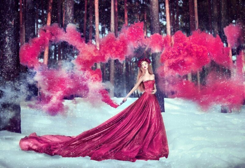 Woman in Red Dress — Dramatic, Winter, Digital Art, Snow, Forest