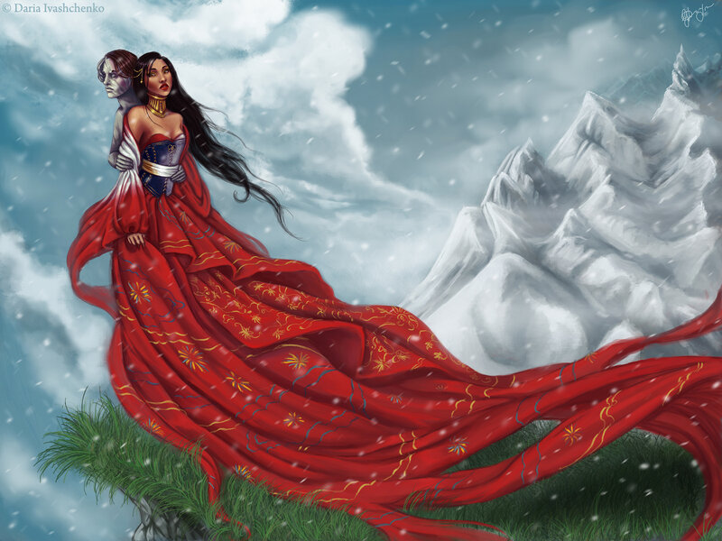 Woman in Red Dress — Dramatic, Winter, Digital Art, Snow, Mountain