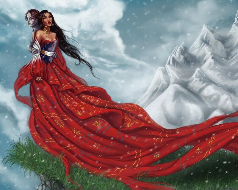 Woman in Red Dress — Dramatic, Winter, Digital Art, Snow, Mountains