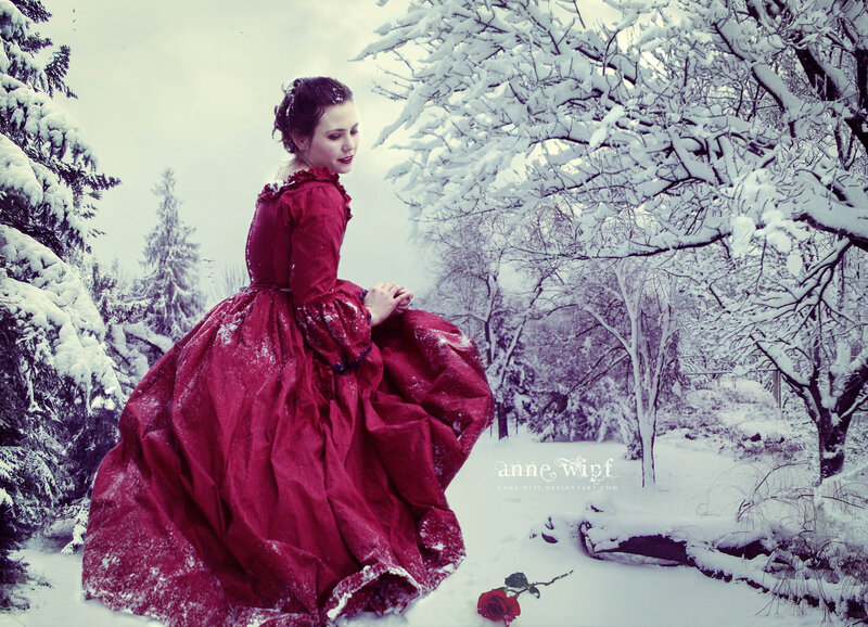 Woman in Red Dress — Dramatic, Winter, Digital Art, Snow, Trees